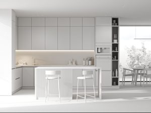 Modern white concept kitchen and dining room interior with furniture and kitchenware, grey, black and white kitchen interior background, luxury kitchen, 3d rendering